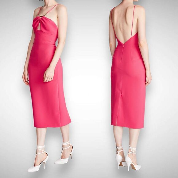 Halston Heritage Adrina Stretch Crepe Cocktail Magenta Midi Dress‎ Size 12 Pink - Picture 1 of 11